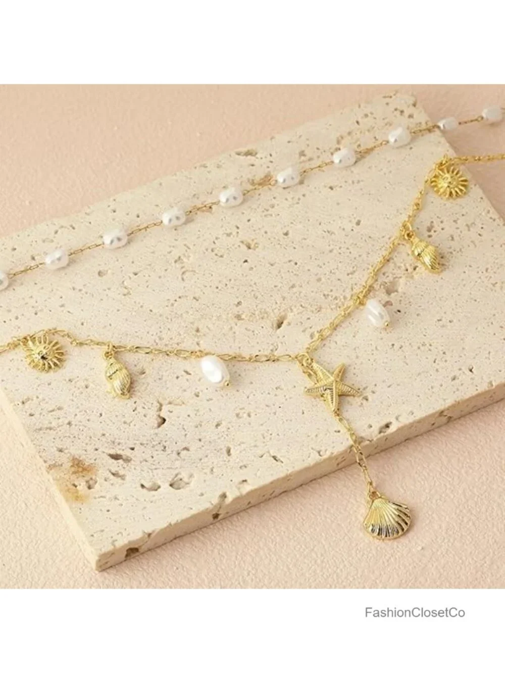14K Gold Plated Layered Shell & Pearl Necklace Set for Women Stackable Beach